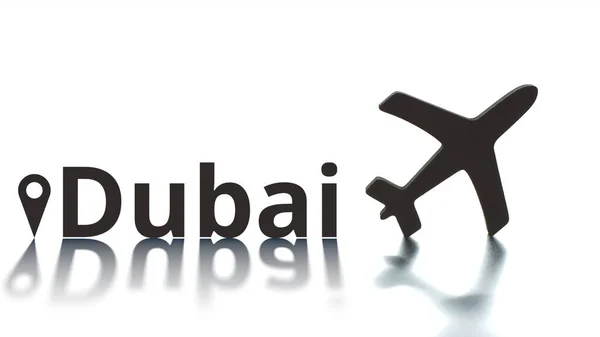 Dubai text with city geotag and airplane icon. Arrival concept — Stock Photo, Image