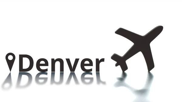 Denver texto, geoetiqueta y silueta del avión, concepto de transporte aéreo —  Fotos de Stock