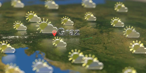 Частично облачные иконки погоды рядом с городом Грац на карте, прогноз погоды связанный с 3D рендерингом — стоковое фото