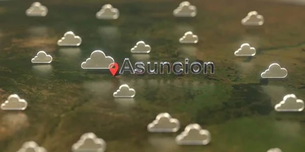 Cloudy weather icons near Asuncion city on the map, weather forecast related 3D rendering — Stock Photo, Image