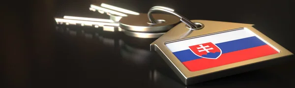 키랑 열쇠, 슬로바키아 국기달린 열쇠. 국가 자산 대여나 부동산 시장 컨셉이죠. 3d 렌더링 — 스톡 사진