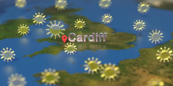 Zonnig weer iconen bij Cardiff stad op de kaart, weersvoorspelling gerelateerde 3D-weergave — Stockfoto
