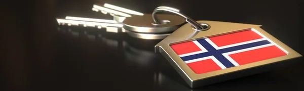 Flag of Norway on the keychain and keys. Property rental or real estate market concepts, 3d rendering — Stock Photo, Image