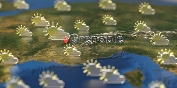 Город Гренобль и частично облачная погода на карте, прогноз погоды, связанный с 3D рендерингом — стоковое фото