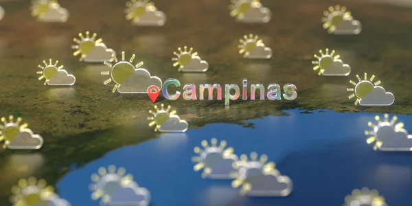 Ville de Campinas et icône météo partiellement nuageuse sur la carte, prévisions météorologiques liées rendu 3D — Photo