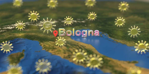 Haritada Bologna şehri ve güneşli hava ikonu, hava tahmini ile ilgili 3D görüntüleme — Stok fotoğraf