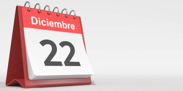 Dezembro 22 data escrita em espanhol no calendário flip, renderização 3d — Fotografia de Stock