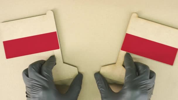 Два флага Польши из переработанной бумаги на картонном столе — стоковое видео