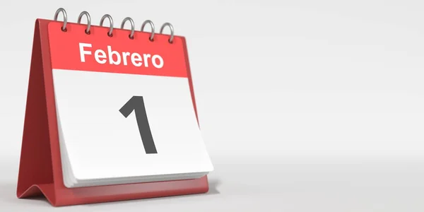 1 lutego data zapisana w języku hiszpańskim na kalendarzu flip, renderowania 3d — Zdjęcie stockowe