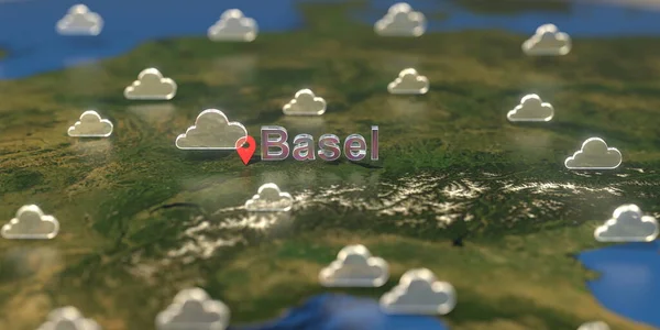 Basel city and cloudy weather icon on the map, weather forecast related 3D rendering — Stock Photo, Image