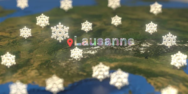 Snowy weather icons near Lausanne city on the map, weather forecast related 3D rendering — Stock Photo, Image