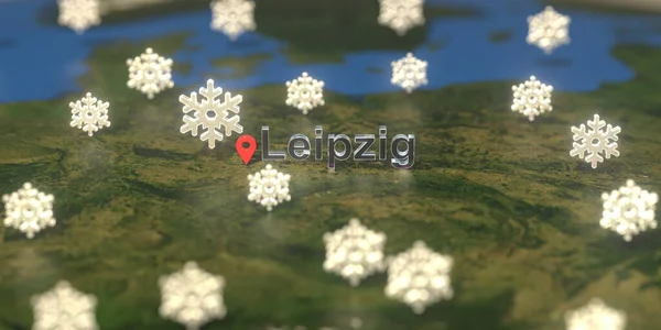 Leipzig city and snowy weather icon on the map, weather forecast related 3D rendering — Stock Photo, Image