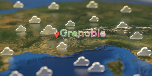 Grenoble város és felhős időjárás ikon a térképen, időjárás előrejelzés kapcsolódó 3D renderelés — Stock Fotó