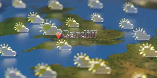 Částečně zataženo ikony počasí u města Cardiff na mapě, předpověď počasí související 3D vykreslování — Stock fotografie