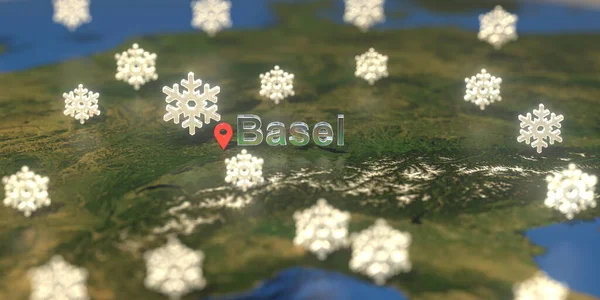 Basel city and snowy weather icon on the map, weather forecast related 3D rendering — Stock Photo, Image