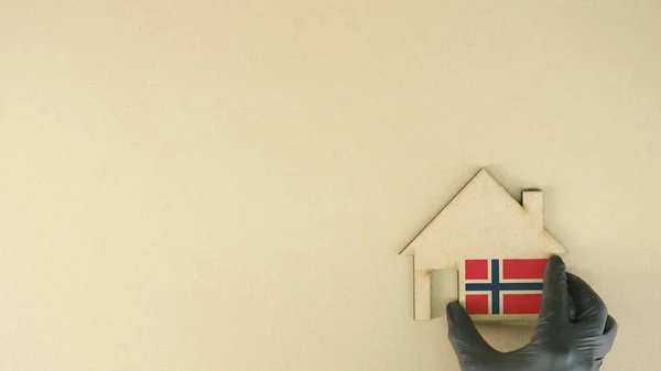 Sätt upp ikonen för kartonghus med Norges nationella flagga. Begreppet fastighetsmarknad — Stockfoto