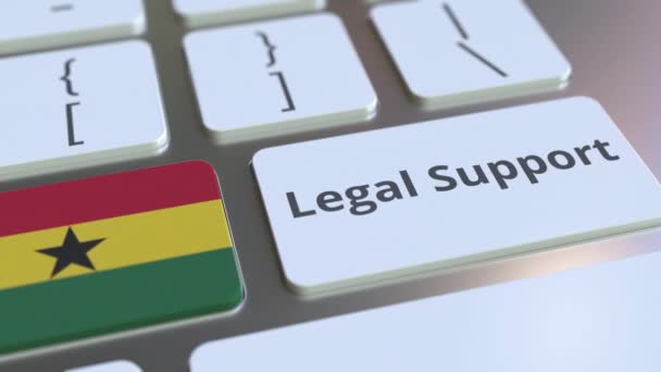 Suporte Jurídico texto e bandeira de Gana no teclado do computador. Animação 3D relacionada ao serviço jurídico online — Vídeo de Stock