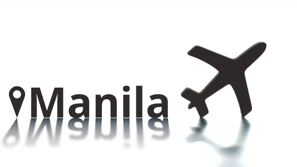 Şehir jeoterapisi ve uçak ikonu içeren Manila metni. Geliş konsepti — Stok fotoğraf