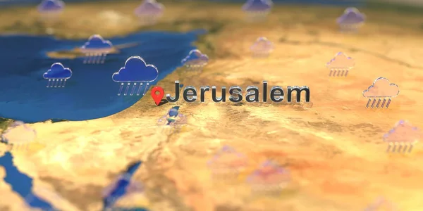 Jerusalén ciudad y el tiempo lluvioso icono en el mapa, pronóstico del tiempo relacionado 3D renderizado — Foto de Stock