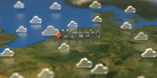 Cloudy weather icons near Utrecht city on the map, weather forecast related 3D rendering — Stock Photo, Image
