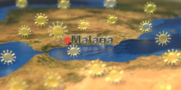 Ícones do tempo ensolarado perto da cidade de Málaga no mapa, previsão meteorológica relacionada renderização 3D — Fotografia de Stock