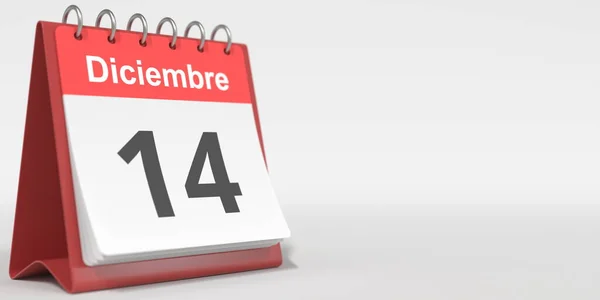 Dezembro 14 data escrita em espanhol no calendário flip, renderização 3d — Fotografia de Stock