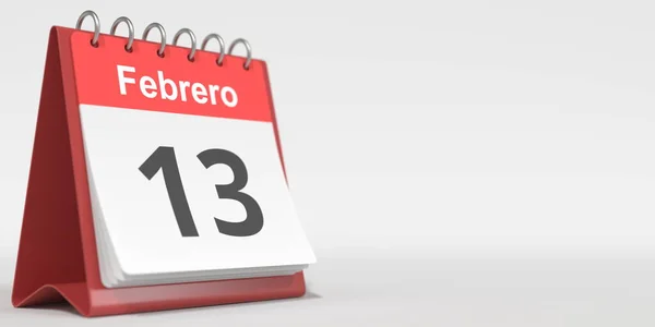 13 februari datum geschreven in het Spaans op de flip kalender, 3d rendering — Stockfoto