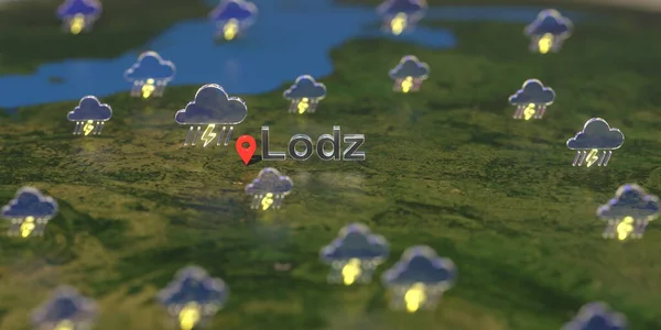 Lodz city and stormy weather icon on the map, weather forecast related 3D rendering — Stock Photo, Image