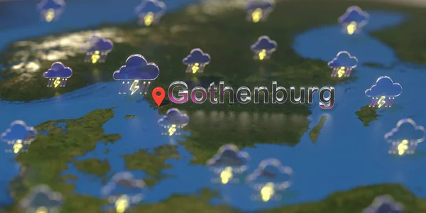 Stormy weather icons near Gothenburg city on the map, weather forecast related 3D rendering — Stock Photo, Image