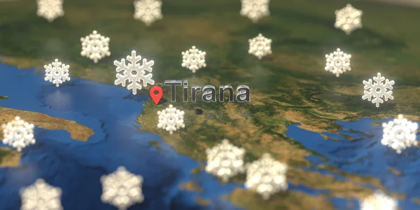 Сніжні погодні ікони біля міста Тирана на карті, прогноз погоди пов'язаний з 3D рендерингом — стокове фото