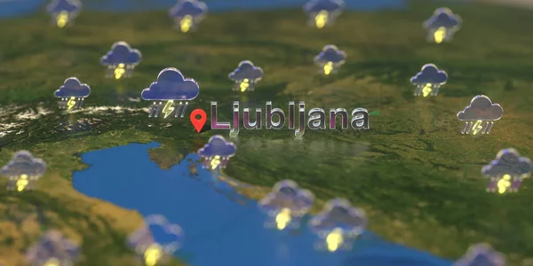 Місто Любляна і штормова ікона погоди на карті, прогноз погоди пов'язані 3D рендеринг — стокове фото