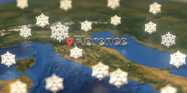 地图上弗洛伦斯市附近的雪天图标，天气预报相关3D渲染 — 图库照片
