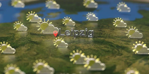 Leipzig stad en deels bewolkt weer icoon op de kaart, weersvoorspelling gerelateerde 3D-weergave — Stockfoto