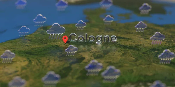 Rainy weather icons near Cologne city on the map, weather forecast related 3D rendering — Stock Photo, Image