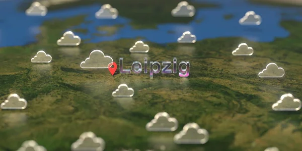 Stadt Leipzig und bewölktes Wettersymbol auf der Karte, 3D-Rendering zur Wettervorhersage — Stockfoto