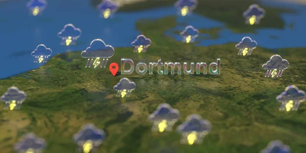 Ícones meteorológicos tempestuosos perto da cidade de Dortmund no mapa, previsão meteorológica relacionada com a renderização 3D — Fotografia de Stock