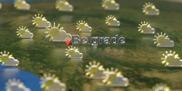 Частично облачные иконки погоды рядом с Белградом на карте, прогноз погоды связанный с 3D рендерингом — стоковое фото
