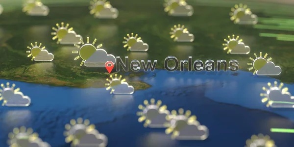 Частково хмарні метеорологічні ікони біля Нового Орлиного міста на карті, прогноз погоди пов'язаний з 3D рендерингом — стокове фото
