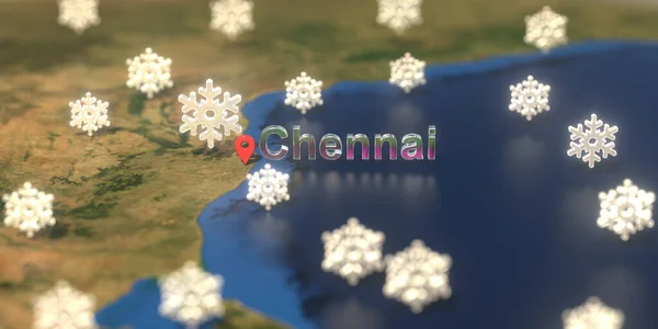 Chennai city and snowy weather icon on the map, weather forecast related 3D rendering — Stock Photo, Image