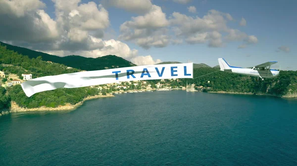 Fliegendes Flugzeug und schwenkendes Banner mit REISE-Text auf Meeresgrund — Stockfoto