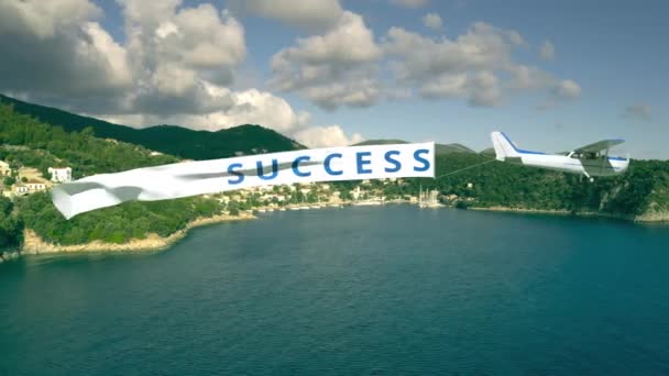 Flygplan med viftande banner med SUCCESS text på sommaren bakgrund — Stockvideo