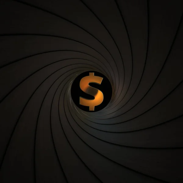 Dollar currency symbol as seen behind the rifling of a gun barrel. Crisis or economic threat related conceptual 3D rendering — Stock Photo, Image