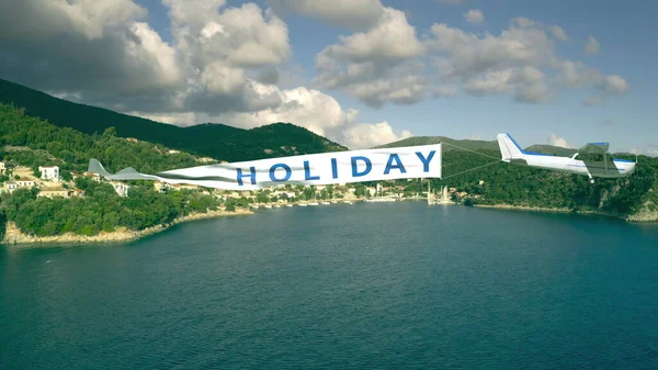 Самолет с плакатом с надписью HOLIDAY на морском фоне — стоковое фото