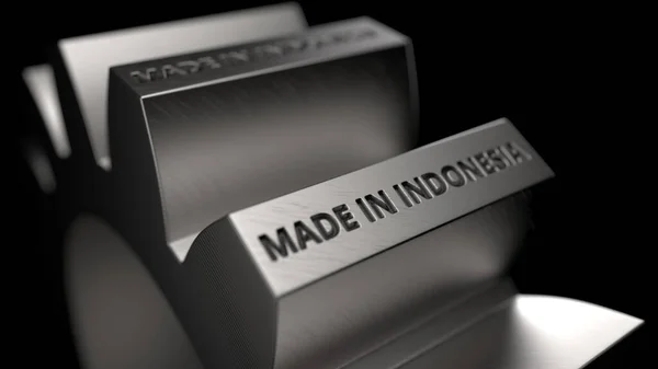 Roda dentada de aço com texto MADE IN INDONESIA, renderização 3D — Fotografia de Stock