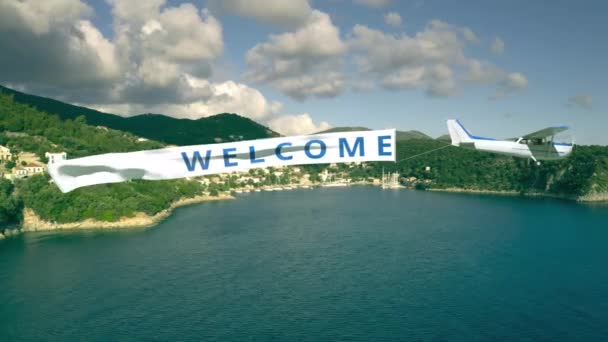 Avión arrastra pancarta con texto BIENVENIDO sobre fondo de verano — Vídeo de stock