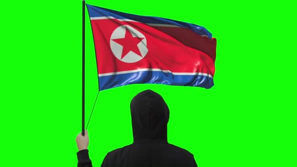 Waving flag of North korea and unknown man wearing black, alpha matte — Stock Video