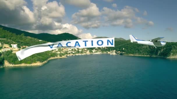 Flygande flygplan och banner med VACATION text på sommaren havet bakgrund — Stockvideo