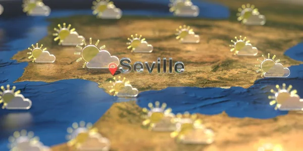 Sevilla město a částečně zataženo ikona počasí na mapě, předpověď počasí související 3D vykreslování — Stock fotografie