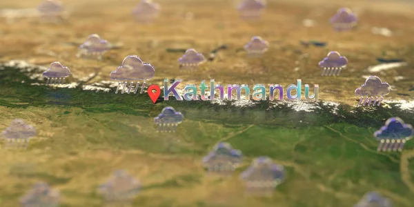 Kathmandu Stadt und Regenwetter-Symbol auf der Karte, 3D-Rendering zur Wettervorhersage — Stockfoto