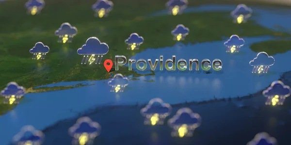 Providence ville et orage icône météo sur la carte, prévisions météorologiques liées rendu 3D — Photo